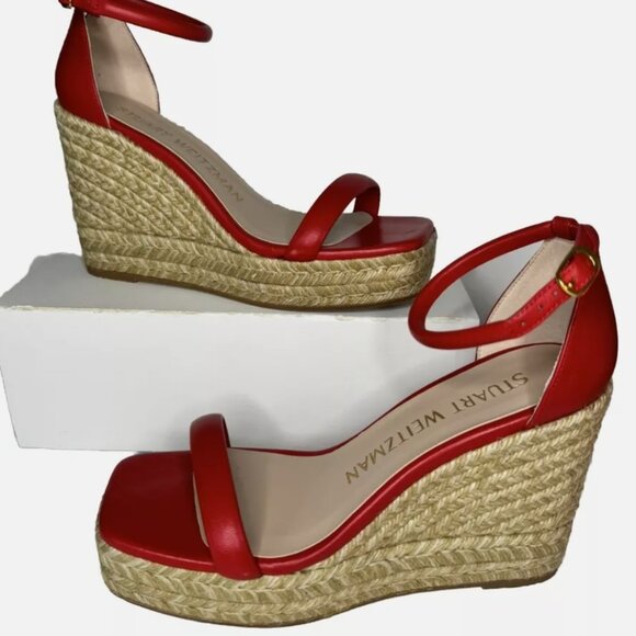 STUART WEITZMAN AUTH - Women RED Leather Nudist Espadrille Wedge Sandals - Picture 2 of 6